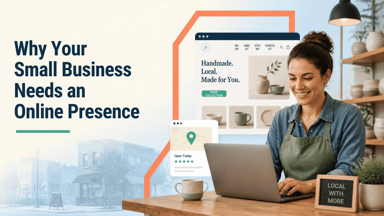 A smiling small business owner working on a laptop in her pottery shop, next to her website and a Google Maps listing showing five-star reviews